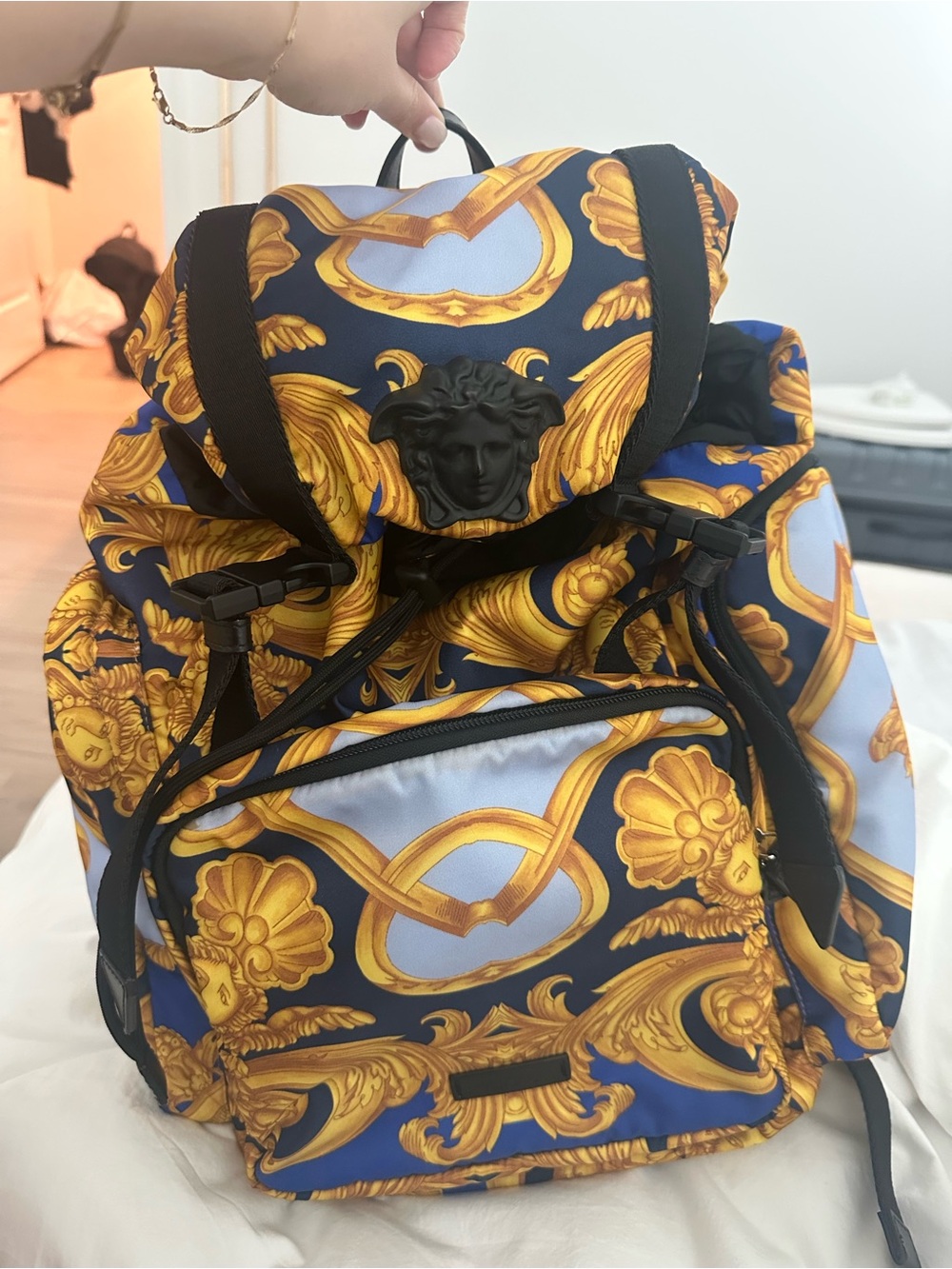 Versace Blue and Gold Baroque Medusa Backpack